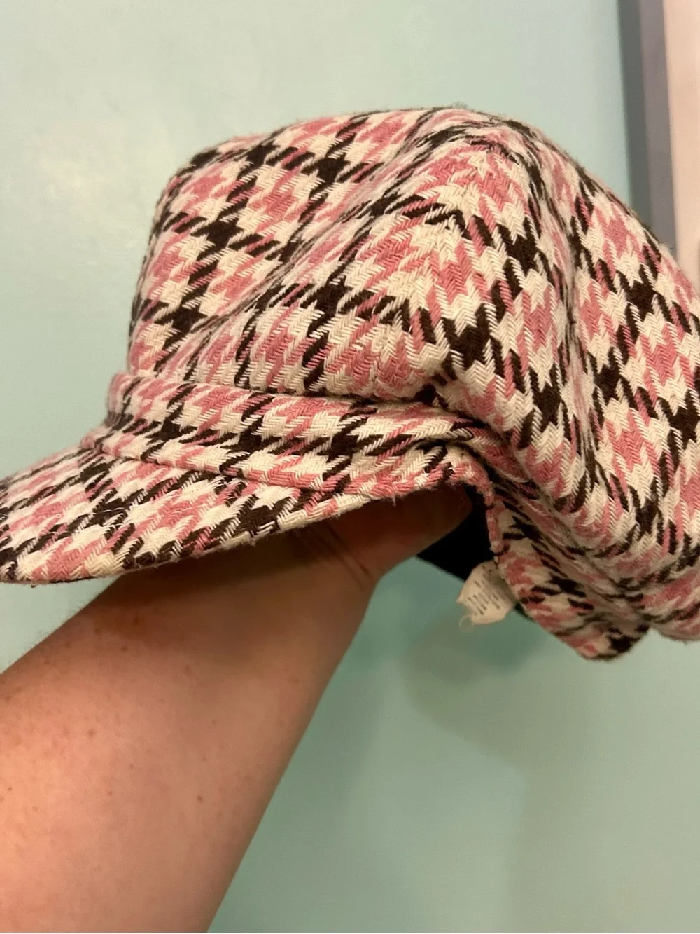Women's VTG Pink Brown Houndstooth Newsboy Hat Cap Y2K Plaid